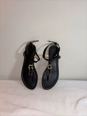 GBG Black Women's T-Strap Sandals with Gold Accent. 7/31